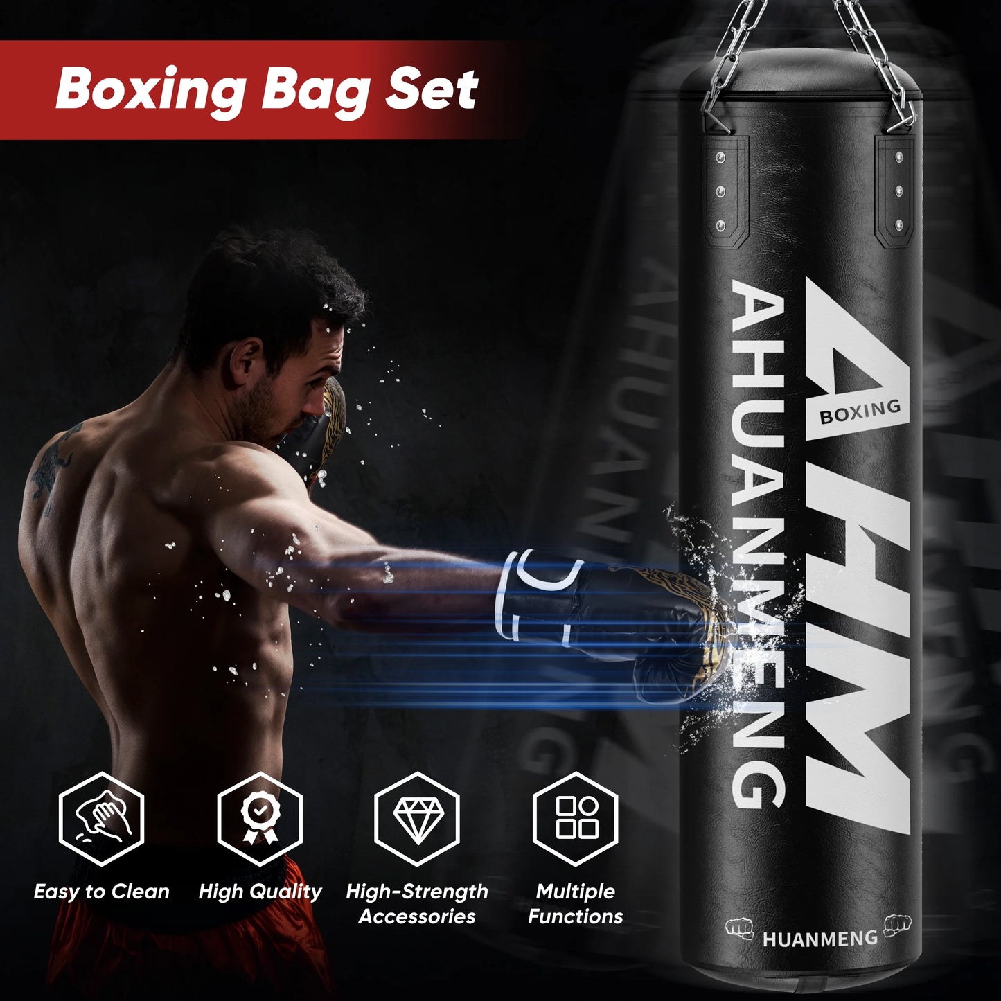 Heavy Punching Bag Kit Hanging Boxing Bag W/ Gloves Chain Ceiling Hook Grip Strengthener